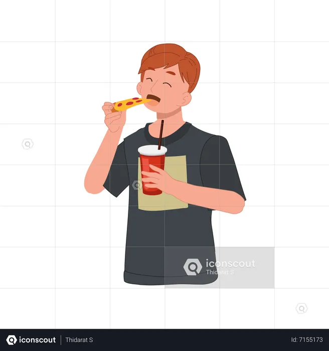 Man eating pizza and holding glass of soft drink  Illustration