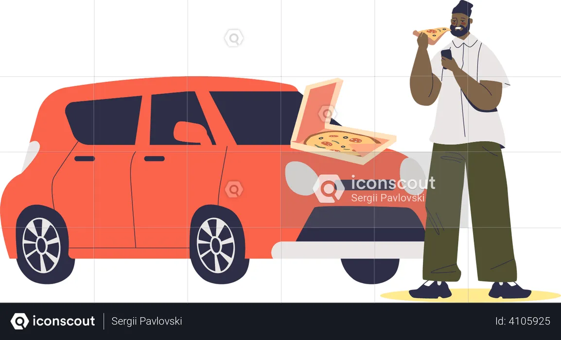 Man eating pizza at car hood  Illustration