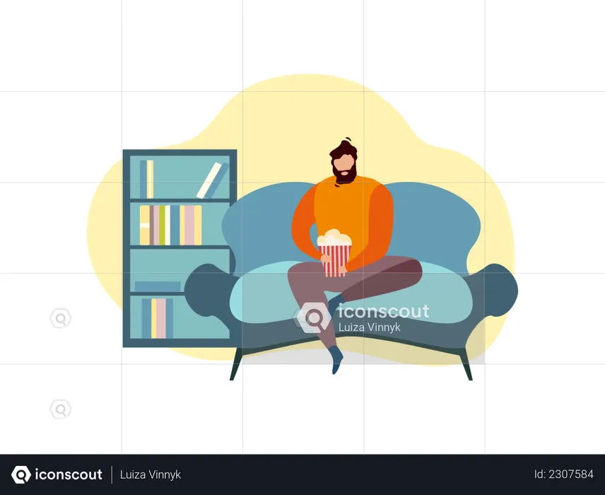 Man eating popcorn while seating on couch  Illustration