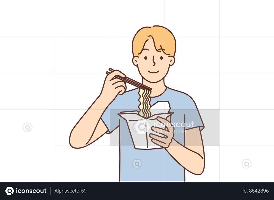 Man eats chinese noodles from takeaway carton box and holds chopsticks from asian restaurant  Illustration