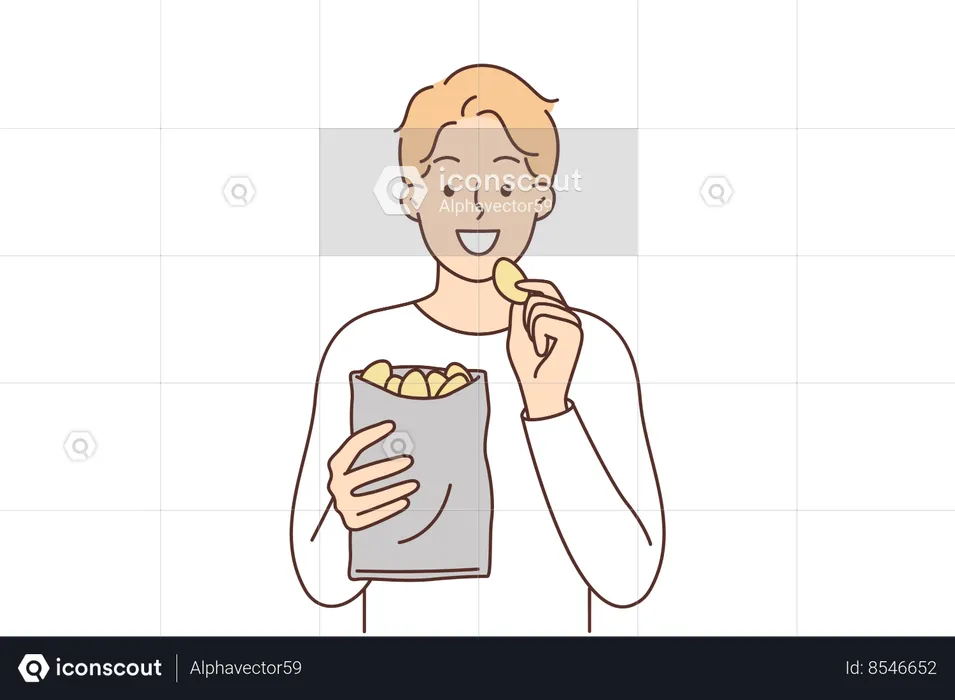 Man eats potato chips enjoying crispy high-calorie snack that quickly satisfies hunger  Illustration