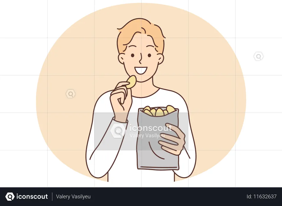 Man eats potato chips enjoying crispy high-calorie snack that quickly satisfies hunger  Illustration