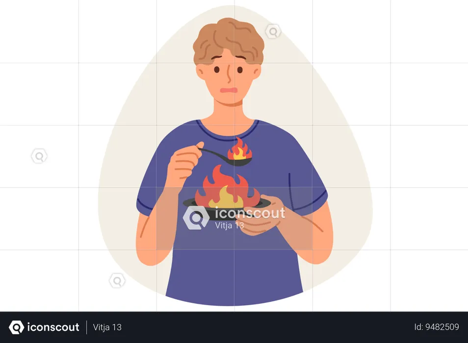 Man eats very spicy food, causing burning sensation in mouth holding plate and spoon with flame  Illustration