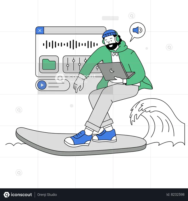Man editing podcast while surfing on the waves  Illustration