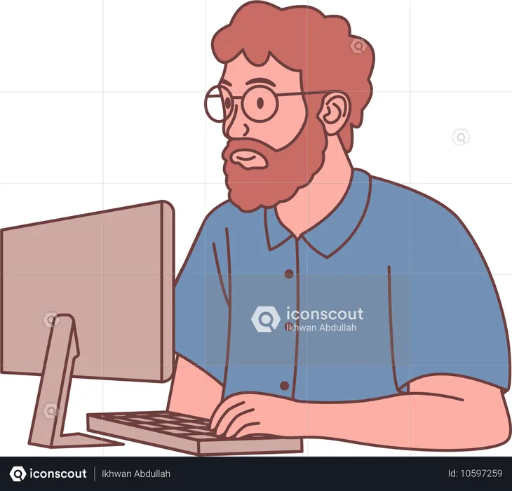 Man Employee Character Wearing Glasses Working with Computer  Illustration