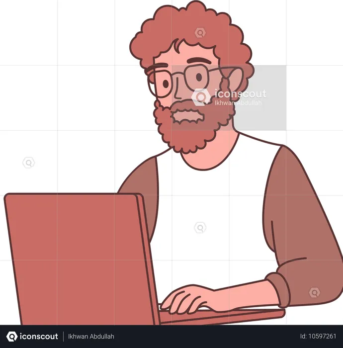 Man Employee Character Wearing Glasses Working with Computer  Illustration