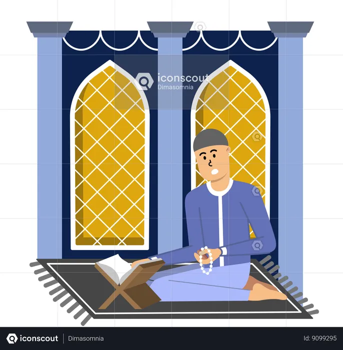 Man Engrossed in Quranic Recitation on  Ramadan Night  Illustration