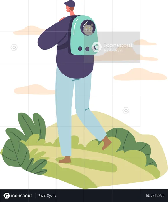 Man enjoy adventurous hikes in the mountains with cat  Illustration