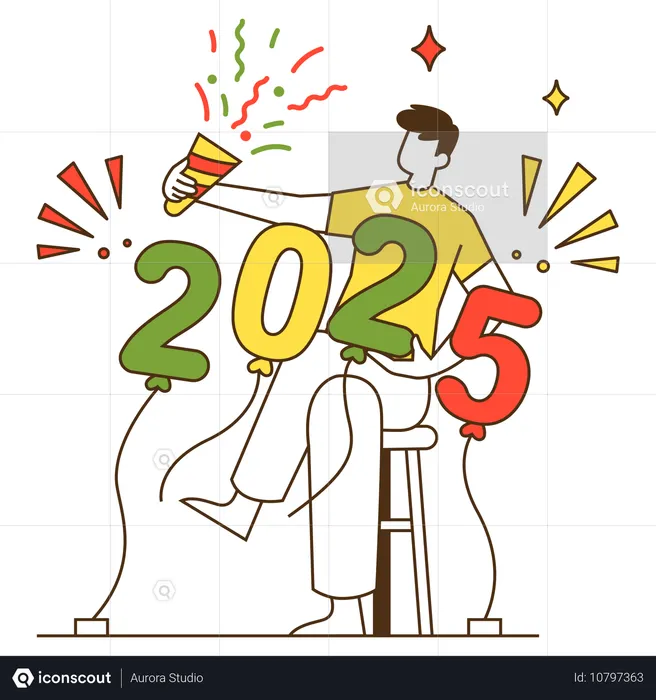 2025年のパーティーを楽しむ男性  イラスト