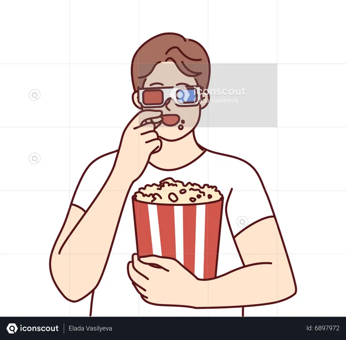 Man enjoying 3d movie and eating popcorn  Illustration