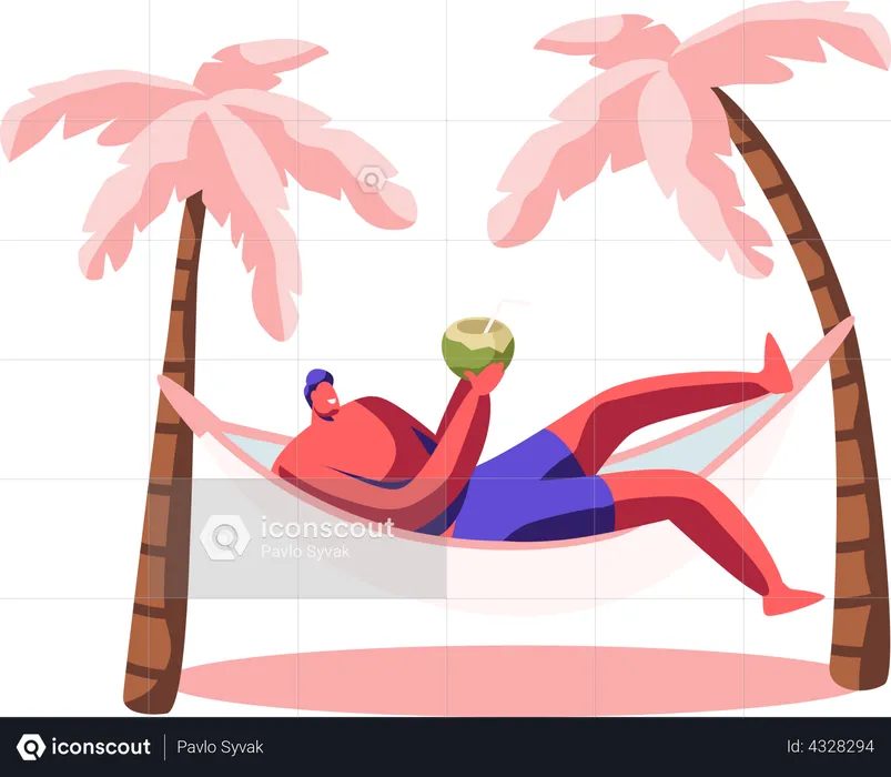Man enjoying coconut juice while sleeping on hammock  Illustration