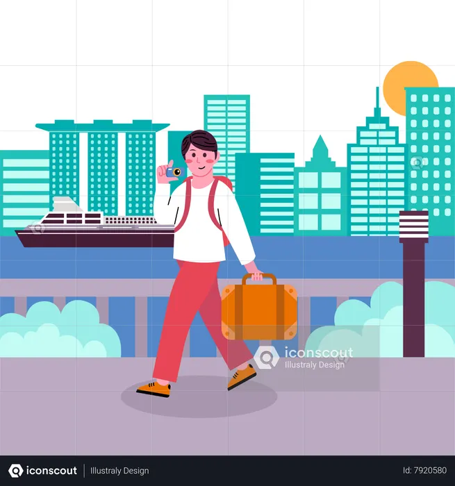 Man enjoying Holiday in Singapore City  Illustration
