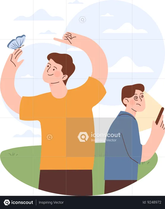Man enjoying nature while other boy with mobile  Illustration