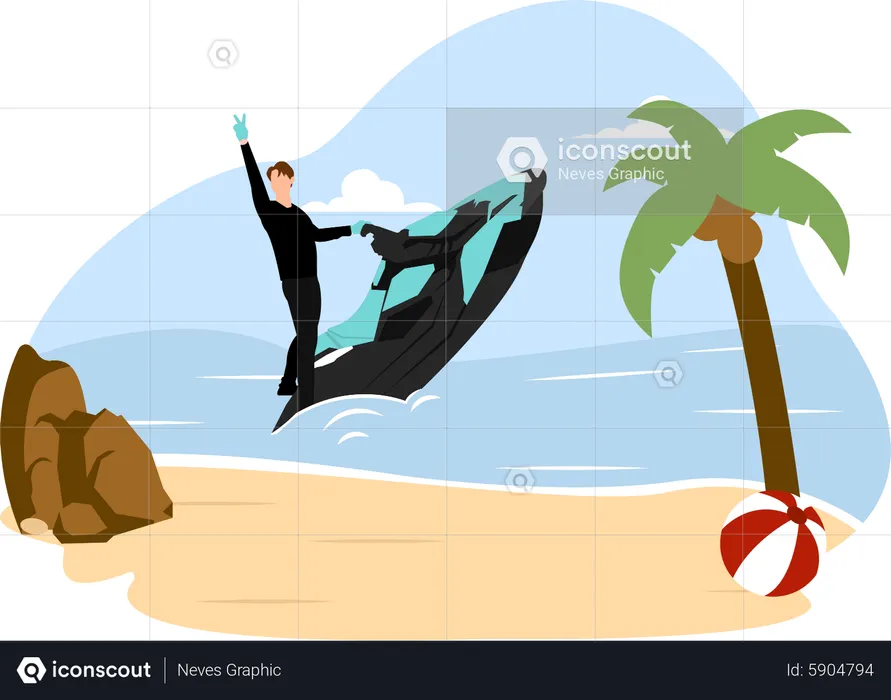 Man enjoying speedboat at beach  Illustration