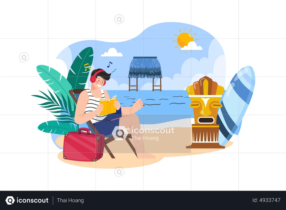 Man Enjoying Summer Holiday At Beach  Illustration