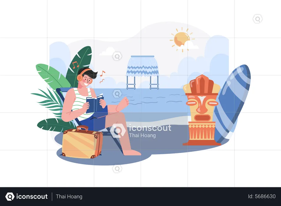 Man Enjoying Summer Holiday At Beach  Illustration