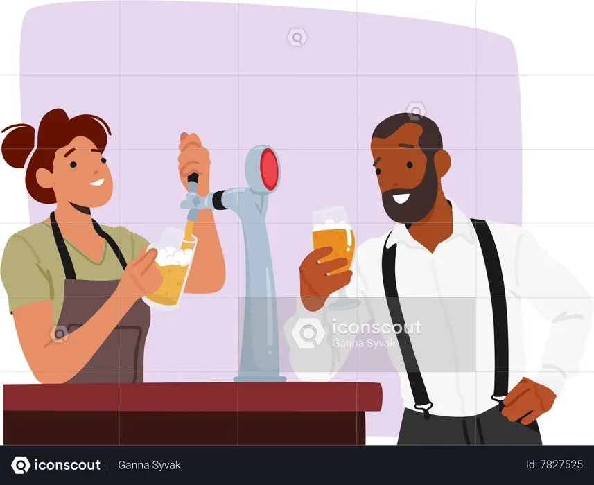 Man Enjoys Refreshing Beer In Lively Bar Atmosphere where Bartender Girl Pouring Foamy Beverage into the Glass  Illustration