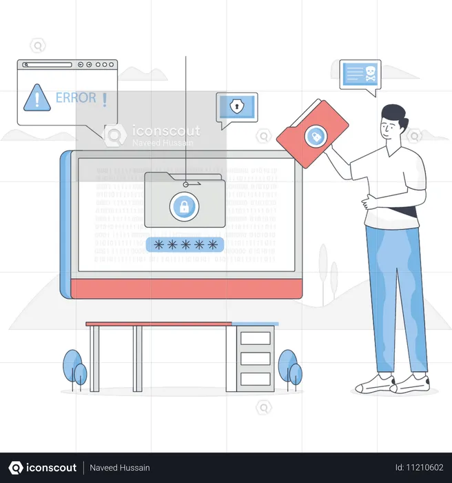 El hombre administra la contraseña de la carpeta  Ilustración