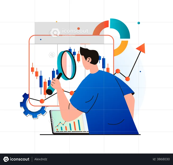 Man examine candlestick before investing in stock  Illustration