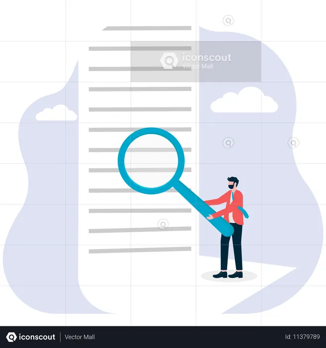 Man examines terms on paper with a magnifying glass  Illustration
