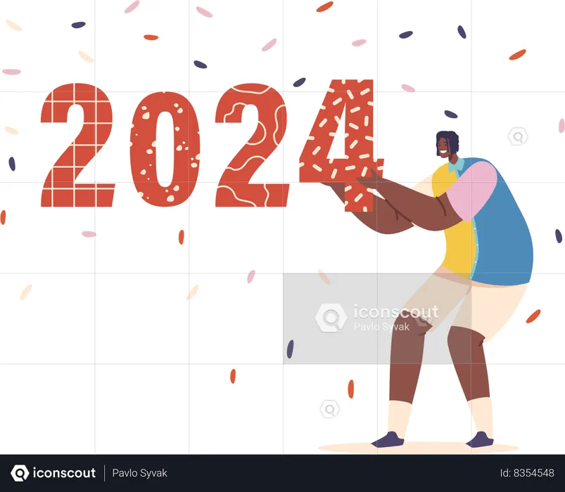 Man excitedly holds up the number 2024  Illustration