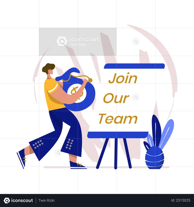Man expecting more money watching join our team advertisement  Illustration