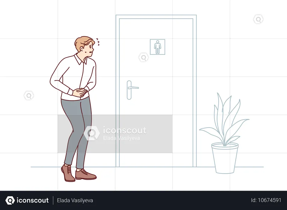 Man experiencing diarrhea stands near door to toilet room while holding stomach  Illustration