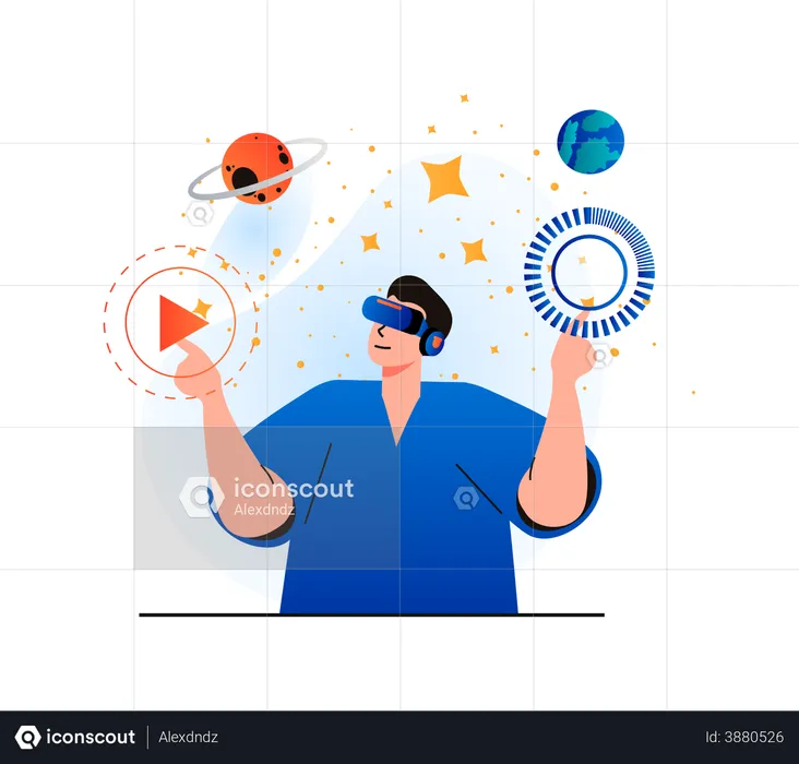 Man experiencing space environment using VR technology  Illustration