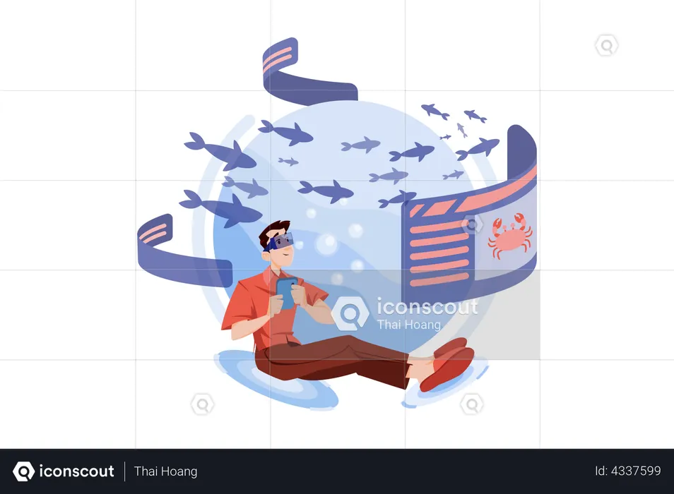 Man experiencing virtual sea tour  Illustration