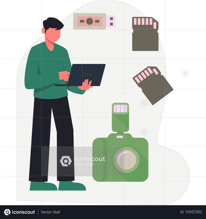 Man explaining camera memory card  Illustration