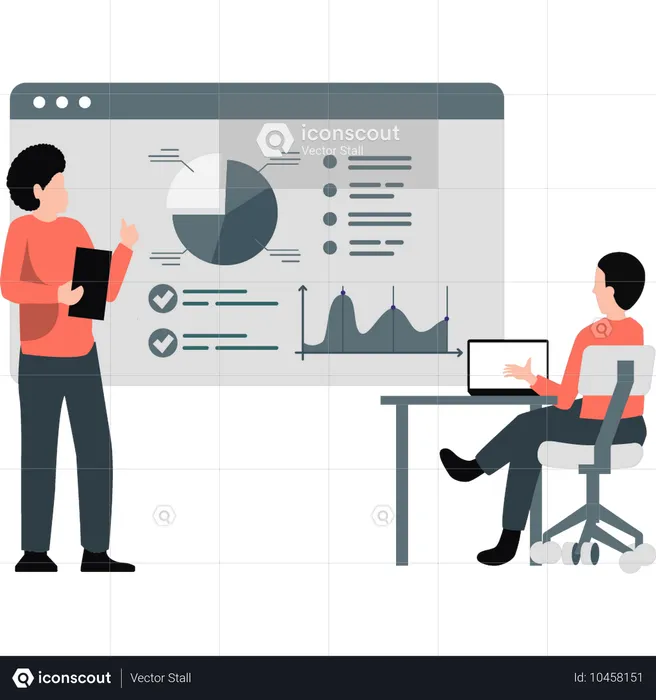 Man explaining different pieces of pie chart  Illustration