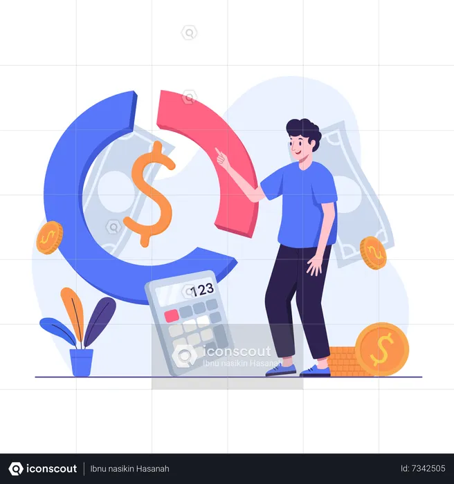 Man explaining financial doughnut chart calculations  Illustration