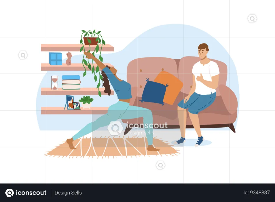 Man explains to a woman how to do yoga exercises at home  Illustration