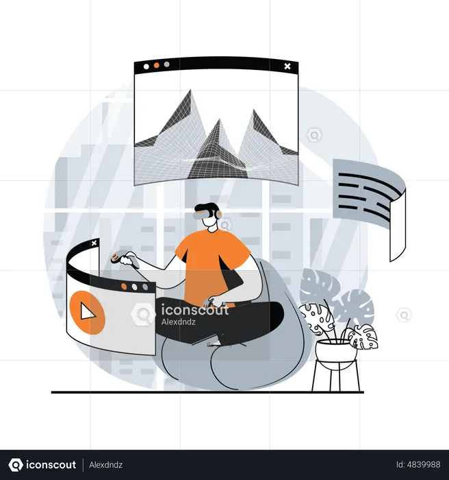 Man exploring different objects using VR  Illustration