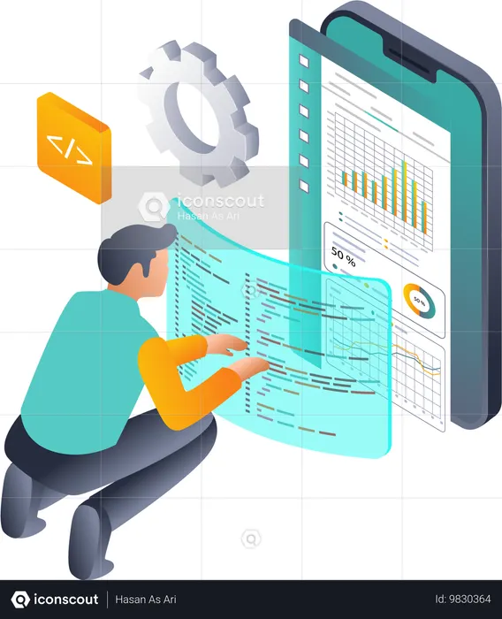 テクノロジーデータ分析のためのプログラミング言語を探求する男性  イラスト