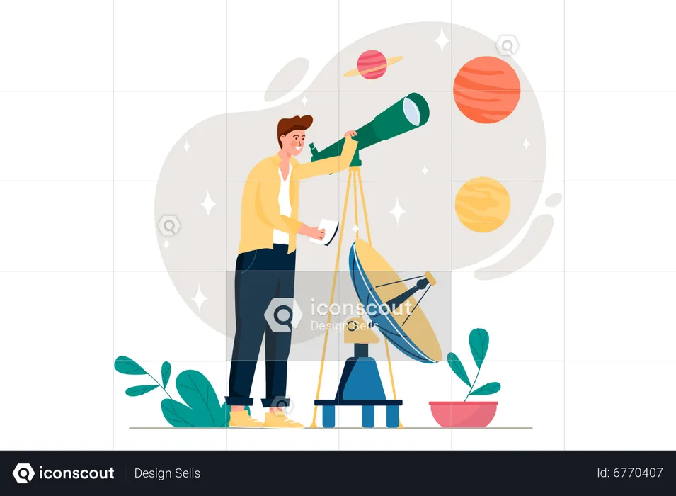 Man Exploring Space Through Telescope  Illustration