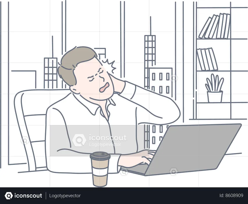 Man faces neck pain  Illustration