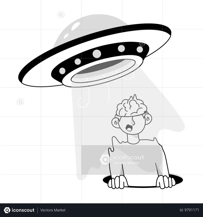 UFO による誘拐に直面する男性  イラスト