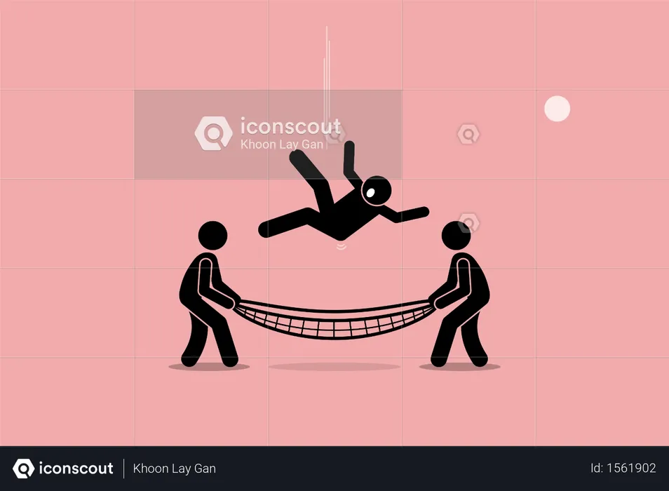 Man falling down and saved by people using safety net at the bottom of the ground  Illustration