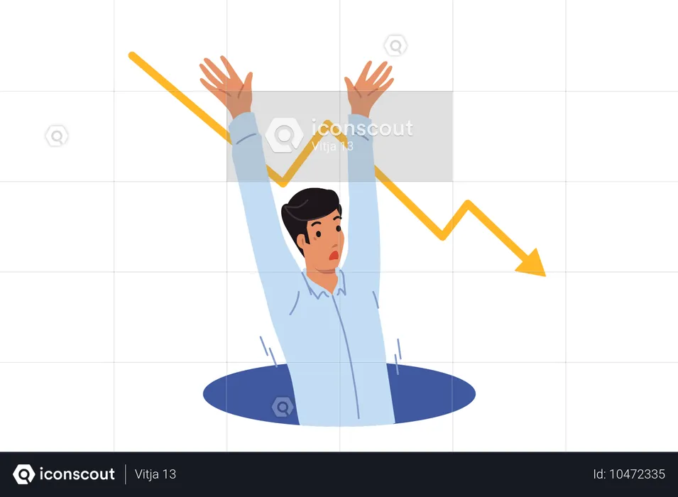 Man falls into crisis pit and raises hands up calling for help to avoid bankruptcy  Illustration