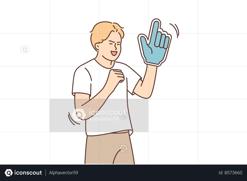 Man fan of sports team with giant glove for going to stadium for football or baseball game  Illustration