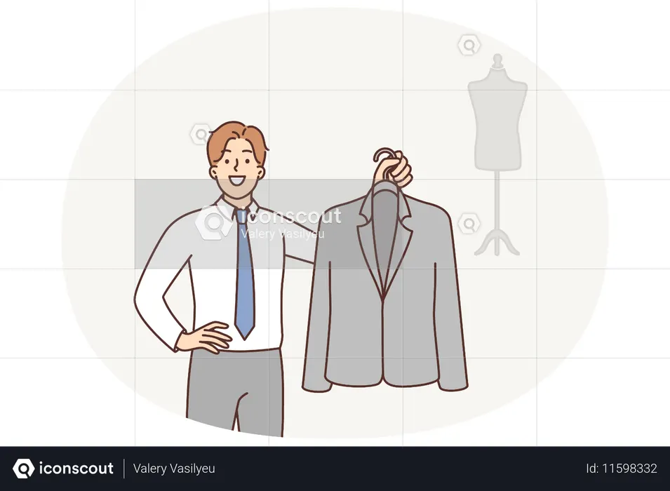 Man fashion designer holding business suit on hanger while providing tailoring services  Illustration