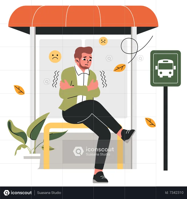 Man feeling cold while waiting at bus stop  Illustration