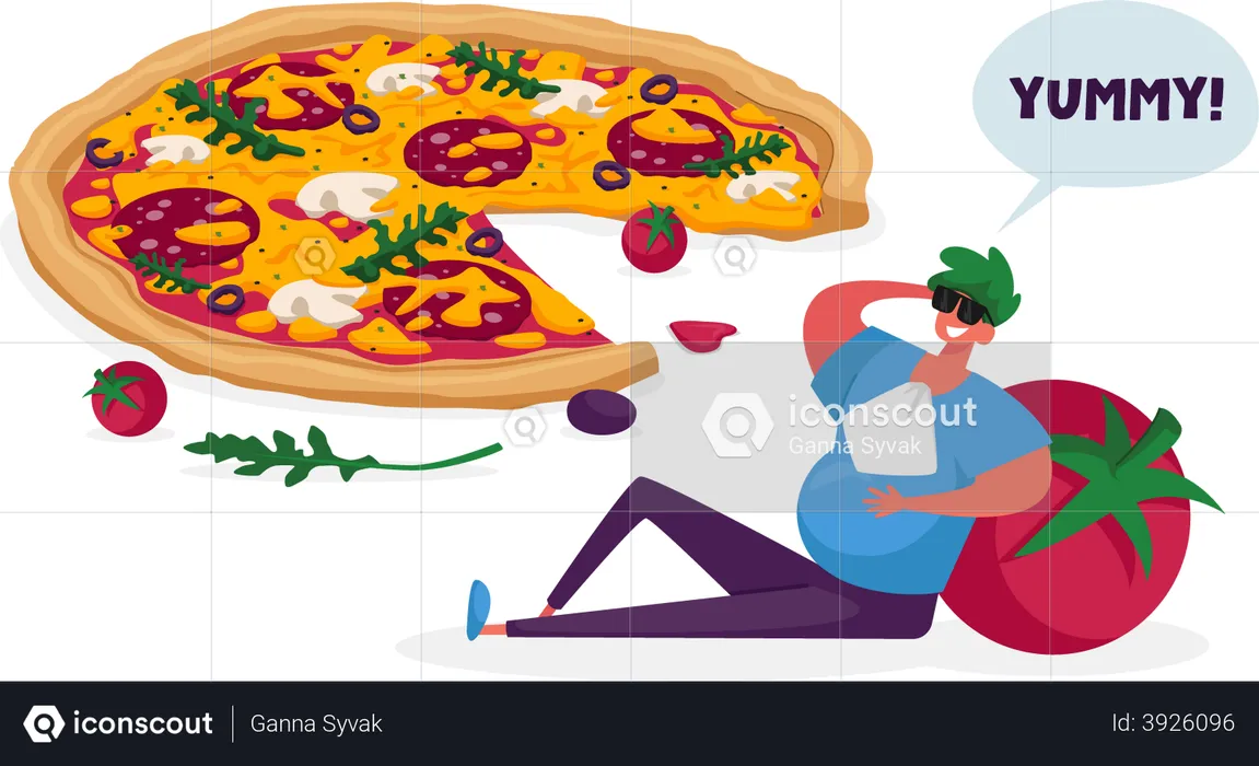 Man feeling full after eating tasty Italian pizza  Illustration