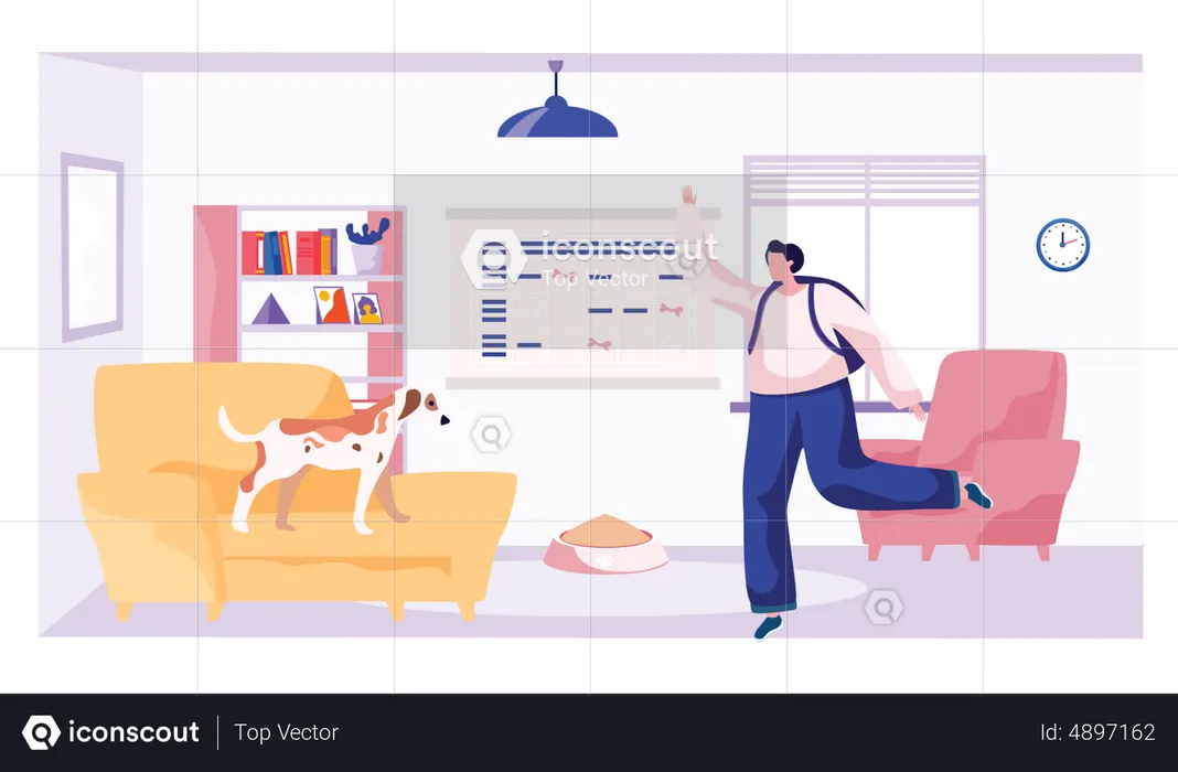 Man feeling joyous after seeing pet dog at home  Illustration
