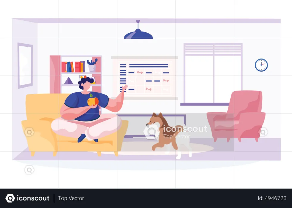 Man feeling joyous after seeing pet dog at home  Illustration