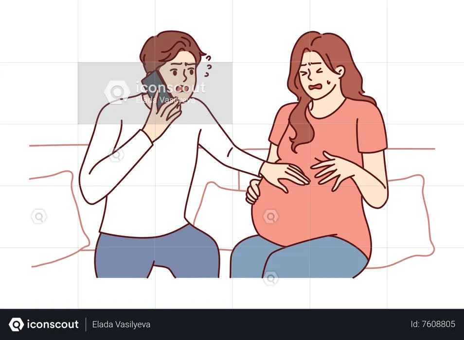 Man feeling panic for his pregnant wife  Illustration