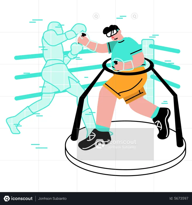 Man fighting virtual boxing simulation in metaverse  Illustration