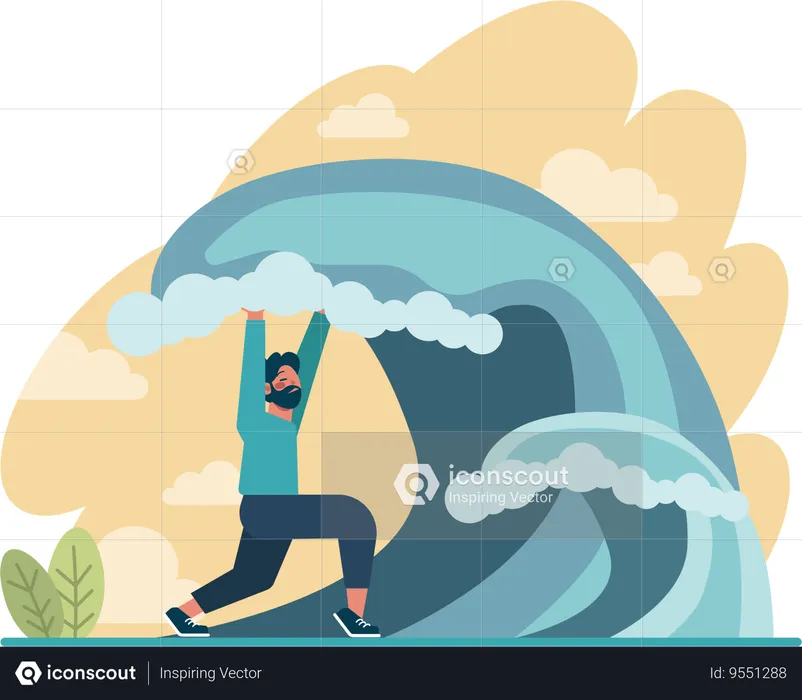 Man fighting with ocean waves  Illustration