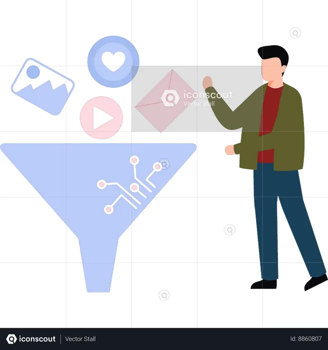 Man filtering data through a funnel  Illustration